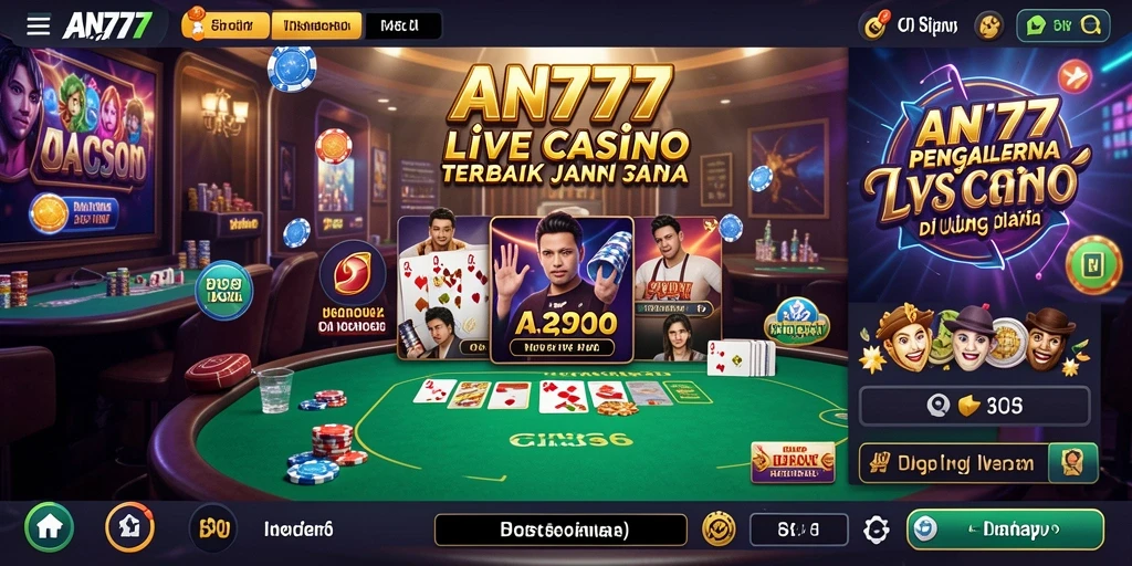 Screenshot AN777 menampilkan dealer langsung dan permainan yang menarik.