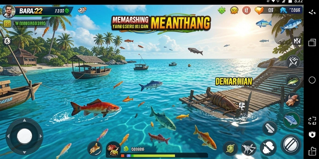 Tampilan utama gameplay BARA22 yang menampilkan aksi memancing yang seru.