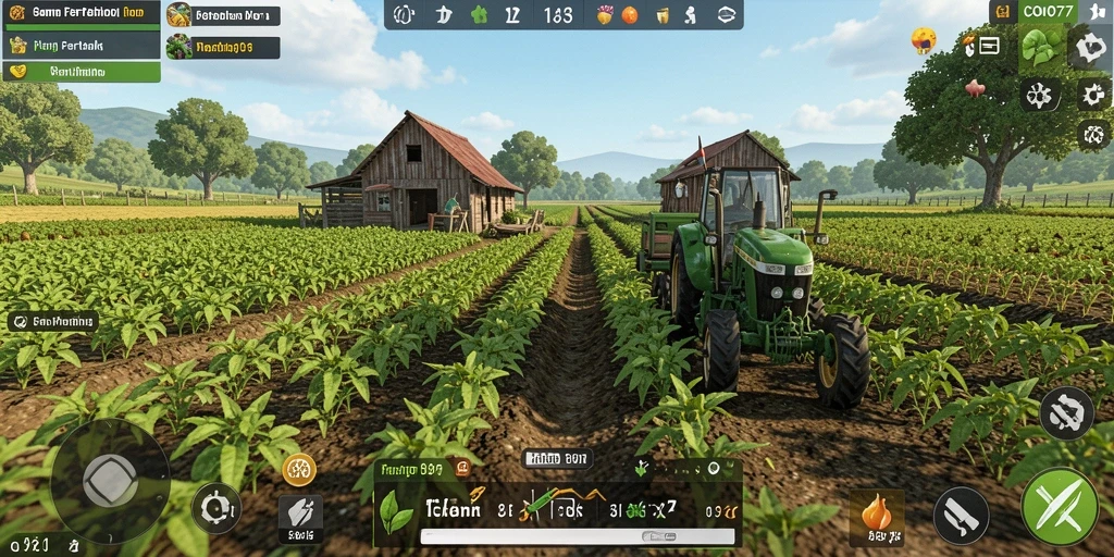 Tampilan gameplay COO77 yang menampilkan kebun yang subur dan hewan ternak.